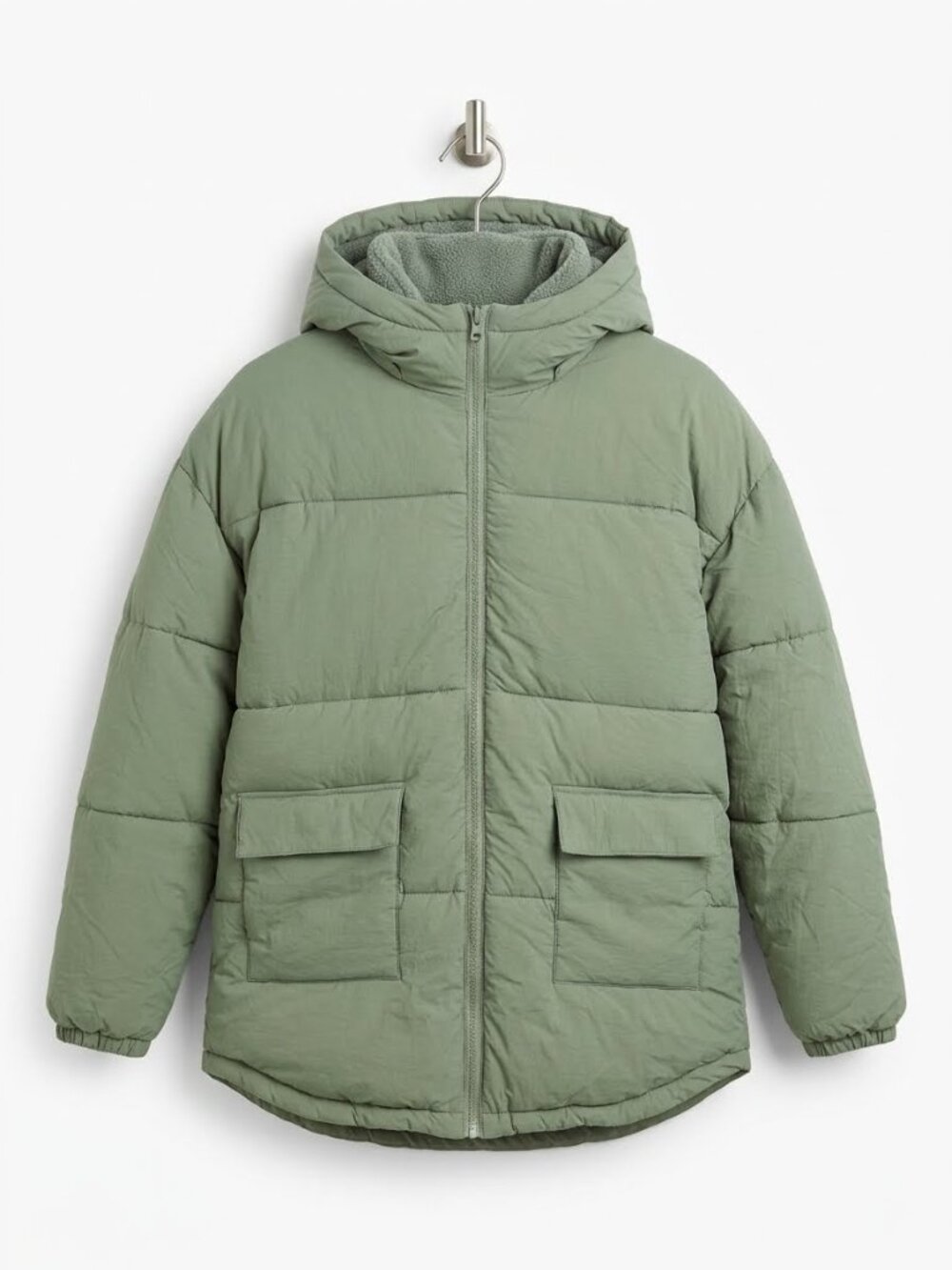 Sage Green Hooded Puffer Jacket with Fleece Trim Pockets.